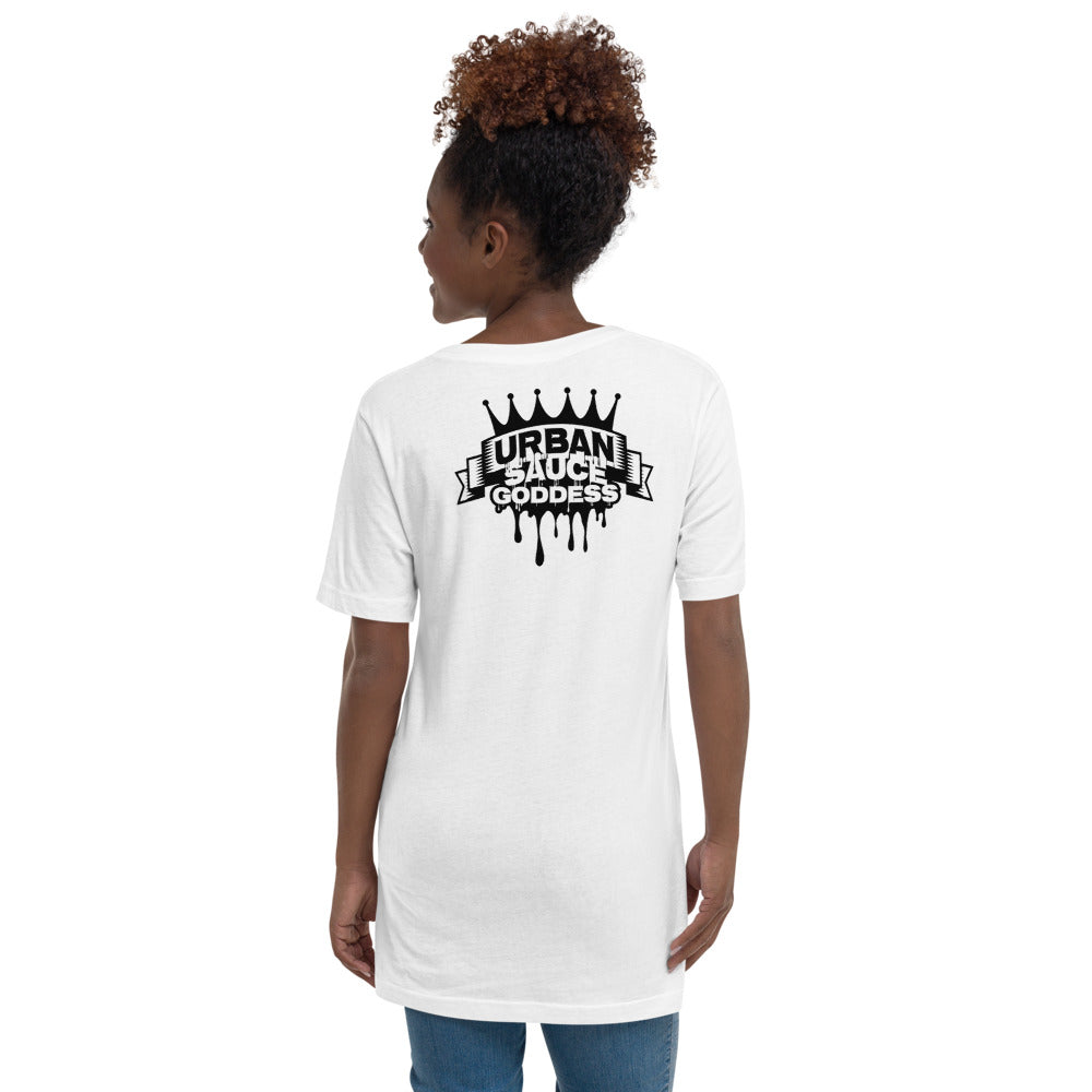 Sauce Goddess White Short Sleeve V-Neck T-Shirt-Adulthood