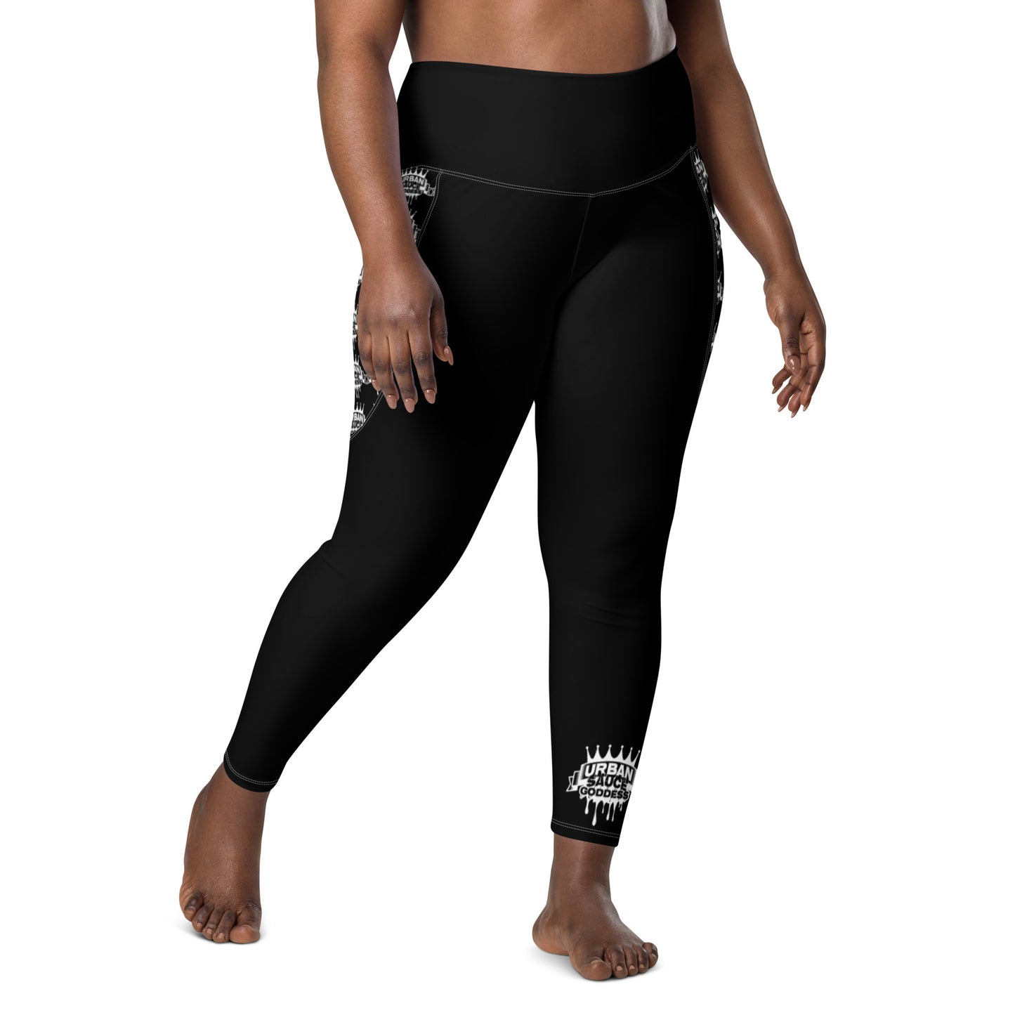 Sauce Goddess Black Leggings with white logo pockets