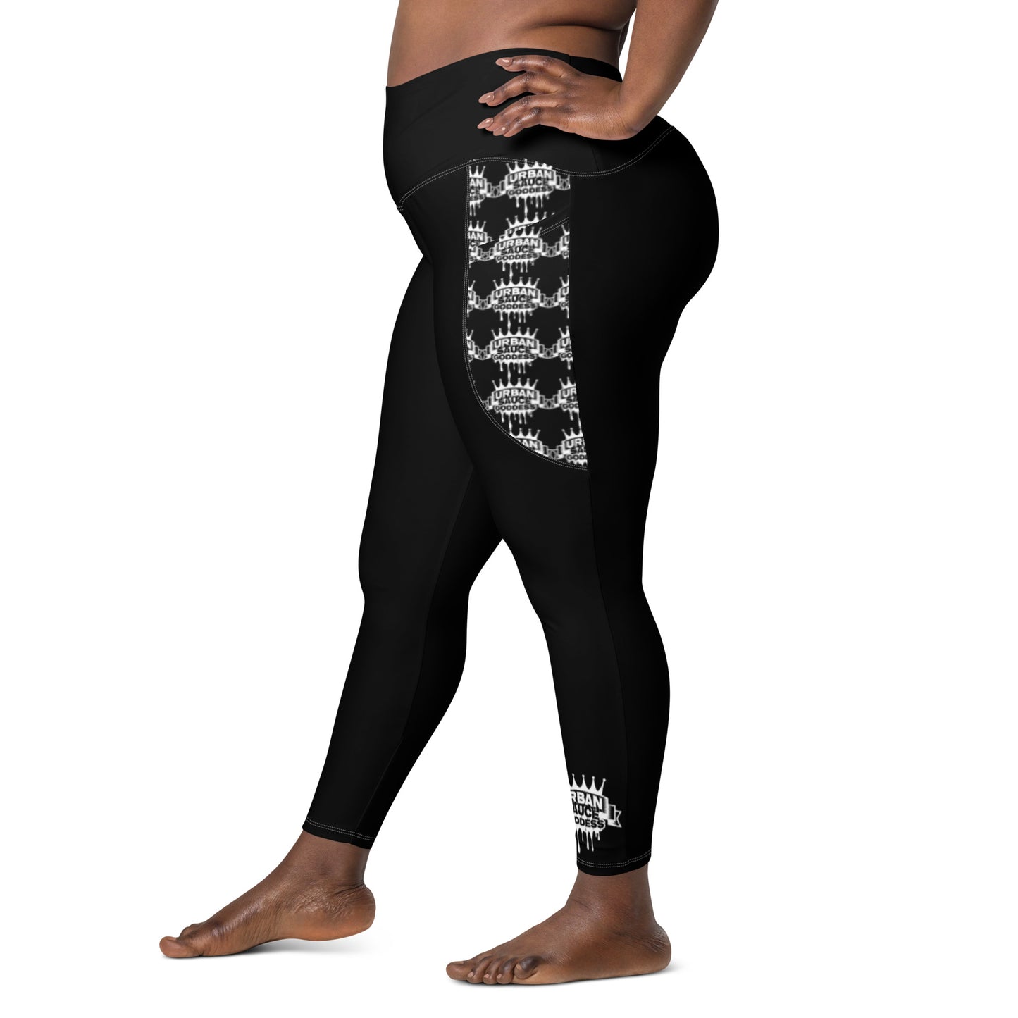 Sauce Goddess Black Leggings with white logo pockets