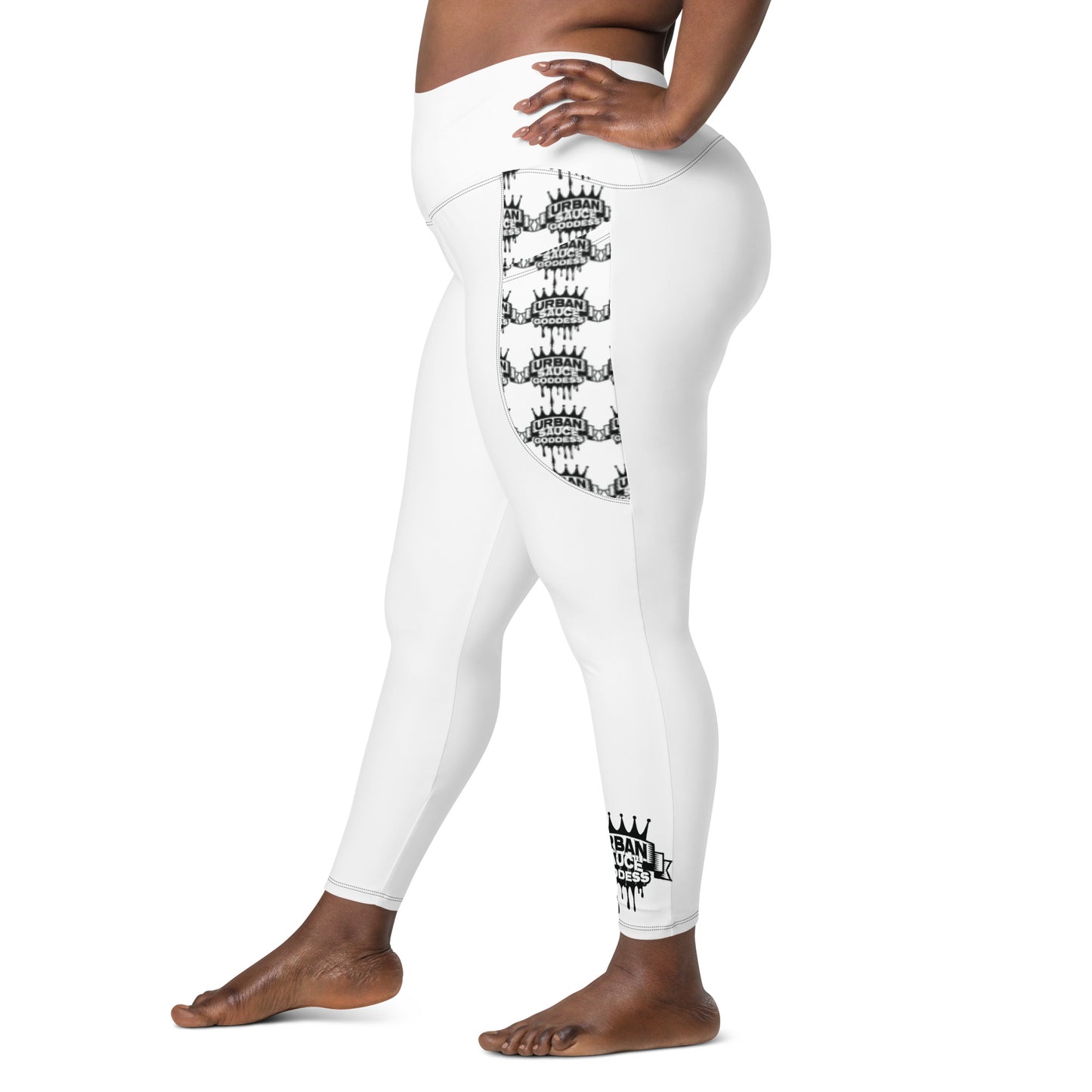 Sauce Goddess White Leggings with black logo pockets